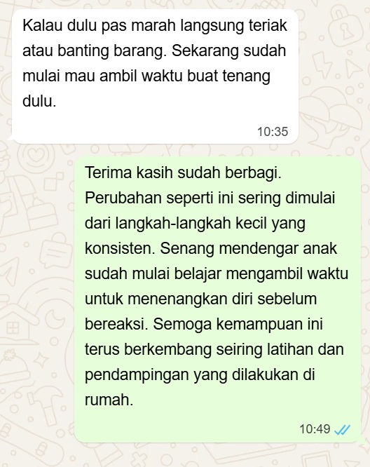 Screenshot WhatsApp testimoni orang tua pengguna Emotion Kit: mau ambil waktu buat tenang dulu